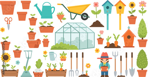 Gardening elements set with greenhouse, plants, tools, pots, wheelbarrow and farmer character, colorful flat vector illustration