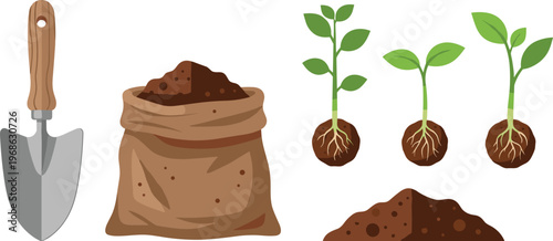 Gardening soil and plant growth set with shovel, seedlings, roots and dirt pile, flat vector illustration collection