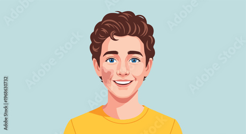 A smiling young man with brown curly hair and a birthmark on his right cheek