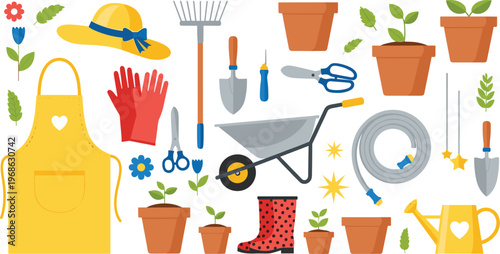Gardening tools and equipment set with plants, pots, watering can, gloves and wheelbarrow, flat vector illustration collection