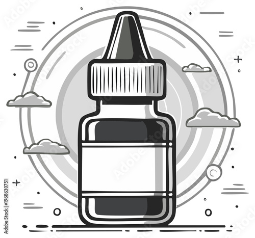 Illustrative Drawing of a Small Dropper Bottle with Stylized Clouds and Geometric Accents