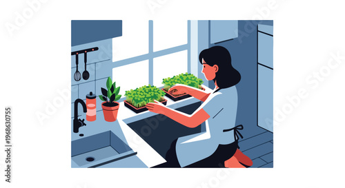 A woman in an apron tends to trays of fresh microgreens in a modern kitchen