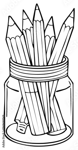 Pencils in glass jar vector illustration for coloring book or design elements, stationery item, office supplies, clip art