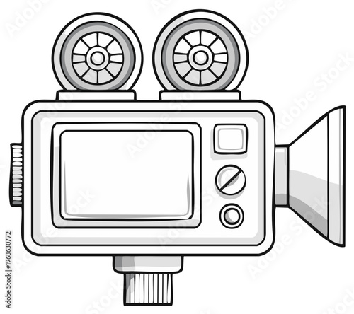 Cartoon illustration of a vintage movie camera with side viewfinder and two large film reels for cinematography and video production.