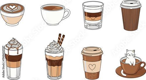 Coffee drinks set with latte, cappuccino, takeaway cups and whipped cream beverages, cute flat vector illustration collection