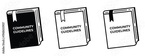 community guidelines book icon. A set of three community guidelines icons in black and white, perfect for illustrating rules and regulations in digital and print materials.