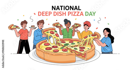 A group of cheerful characters celebrate National Deep Dish Pizza Day in a vector illustration, showcasing Chicago-style toasted flatbread with gooey cheese against a clean background