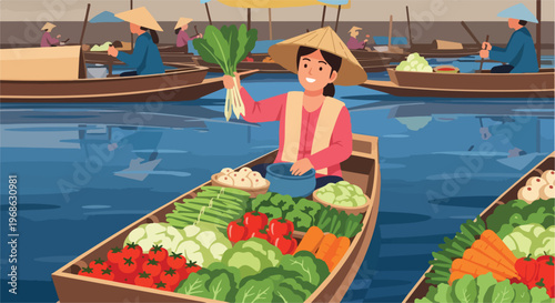 A woman in a conical hat sells fresh vegetables from her boat at a market