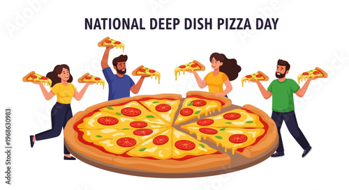 Colorful vector illustration featuring people holding slices of Chicago-style pizza to celebrate National Deep Dish Pizza Day, with a large toasted flatbread pizza in the foreground