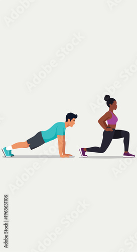 A man and a woman in sportswear performing plank and lunge exercises together