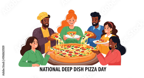 A cheerful group of diverse characters celebrate National Deep Dish Pizza Day in a vector illustration, as they gather around a large Chicago-style pizza with toasted flatbread