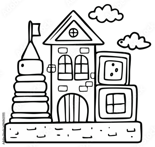 Playful Castle Made of Stacking Toys and Building Blocks Outline Illustration