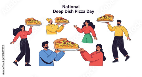 A flat vector illustration celebrates National Deep Dish Pizza Day with diverse characters holding Chicago-style toasted flatbread on platters against a clean white background