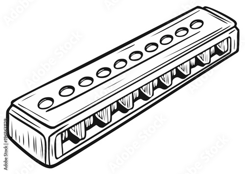 Black and white illustration of a harmonica on a clean background
