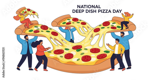 A cheerful vector illustration celebrates National Deep Dish Pizza Day, depicting people holding up large slices of Chicago-style pizza, set against a clean white background