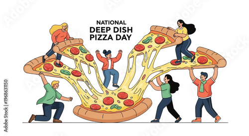A vibrant vector illustration celebrates National Deep Dish Pizza Day, showcasing diverse characters joyfully lifting giant slices of Chicago-style pizza against a clean white background