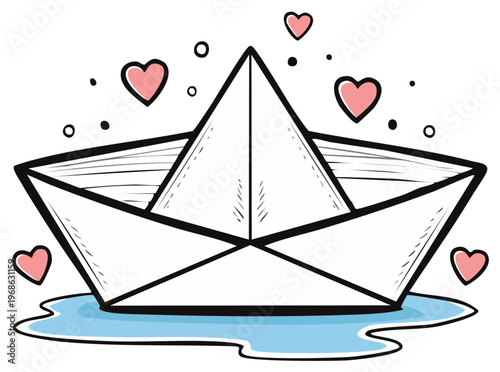 Paper Boat Surrounded by Hearts Floating on Water Cartoon Style Hand Drawn Vector Graphic
