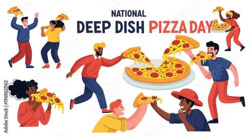 A vector illustration celebrates National Deep Dish Pizza Day with diverse characters holding and sharing slices of Chicago-style toasted flatbread against a clean white background