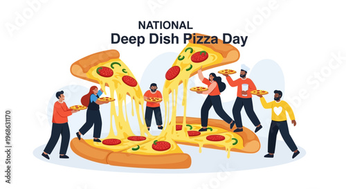 A vibrant vector illustration celebrates National Deep Dish Pizza Day, featuring several cheerful characters holding slices of Chicago-style toasted flatbread against a clean white