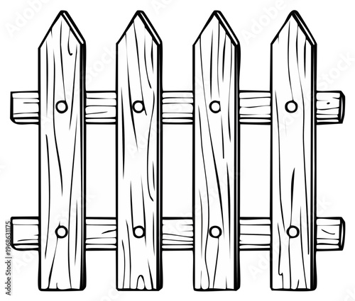 Illustration of a wooden fence section features planks and rails in an outdoor boundary line marker