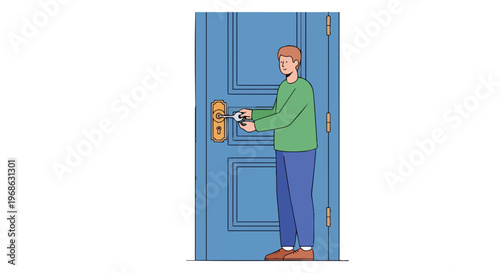 Young man unlocking a blue front door with a key