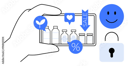 Digital shopping concept. Digital shopping with smartphone interface, discount symbols, and secure purchases through lock and sale icons. For e-commerce, technology, online marketing, discounts