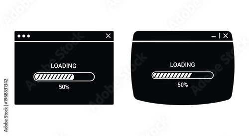 Two computer browser windows display loading progress bars one at fifty percent presented as a stark silhouette high quality professional detailed