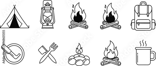 set of camping icons outline