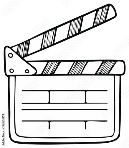 Isolated Film Slate Illustration, Striped Clapboard Clapperboard, Movie Making, Hand Drawn Black Lines