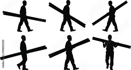 Construction Worker Silhouette Set Carrying Wooden Planks and Lumber Boards Wearing Hard Hats for Industrial Building Site Vector Design Illustration