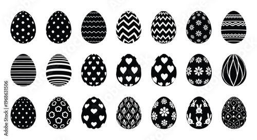 A collection of intricately patterned easter eggs displayed in a grid format presented as a black silhouette high quality professional detailed