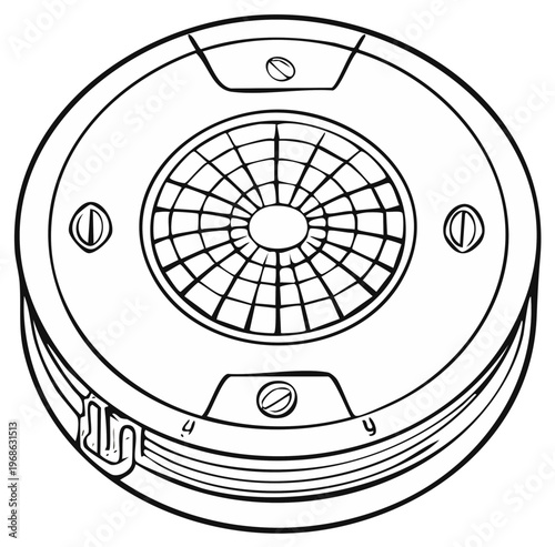 Circular metal sewer grate top view with grid pattern and bolted frame