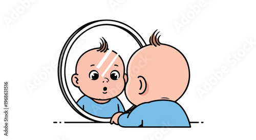 A cartoon baby gazes with surprise at their own reflection in a round wall mirror