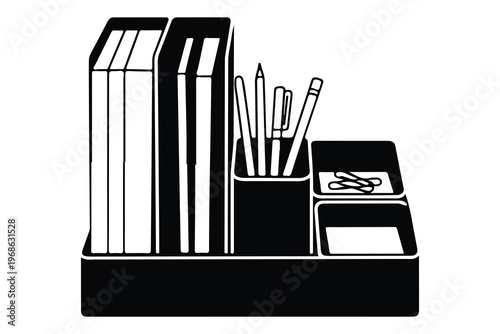 Black and white desk organizer with books pencils scissors and paper