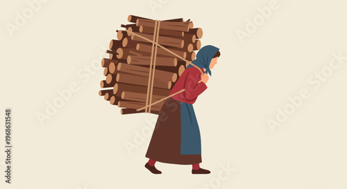 A woman in traditional clothing carries a heavy bundle of firewood on her back (1)