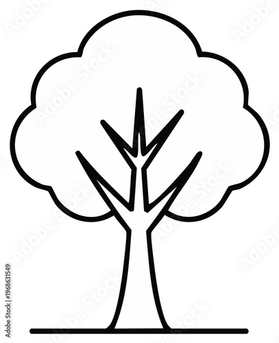 Simple Outline Drawing of a Full Crown Tree on a Horizontal Line Base