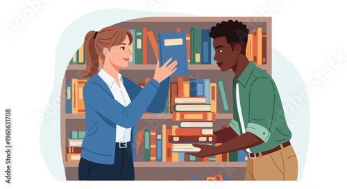 A young woman and man exchange books while standing in front of a full library
