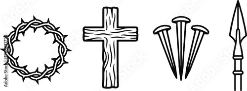 Set of 4 minimalist line icons representing the Passion of Christ: crown of thorns, wooden cross, nails, and spear.