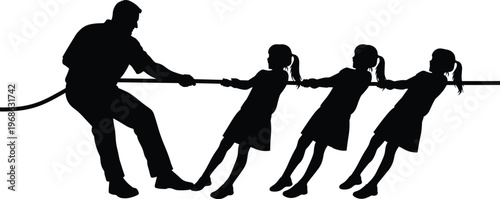 Black silhouette of a man and three girls playing tug of war, family fun activity, pulling rope competition, isolated vector.