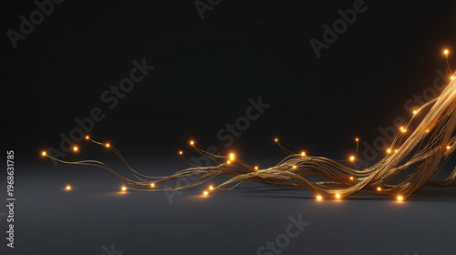 Abstract glowing golden wires flowing across a dark background, symbolizing futuristic technology and digital connection.