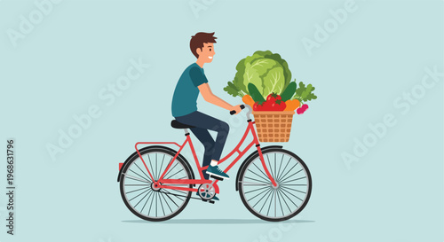 A young man rides a bicycle with a basket full of fresh vegetables and greens
