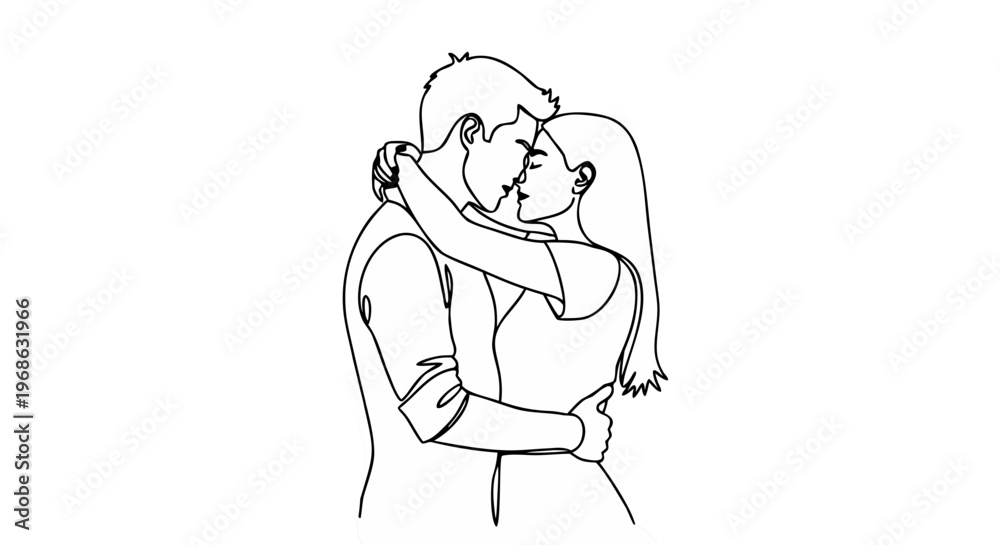 Obraz premium High Quality Black Continuous Line Couple Hugging – Minimal Romantic Love Illustration