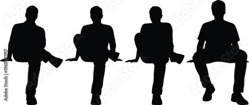 Set of sitting men silhouettes in casual poses, male figures seated on invisible ledge, group of young men black icons, isolated.