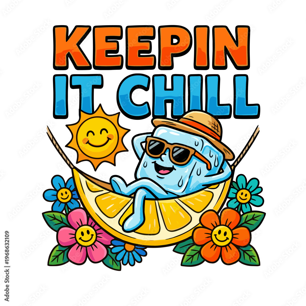 Fototapeta premium Anthropomorphic ice cube relaxing in a lemon slice hammock
