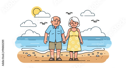 An elderly couple holding hands while walking on a sunny beach during summer
