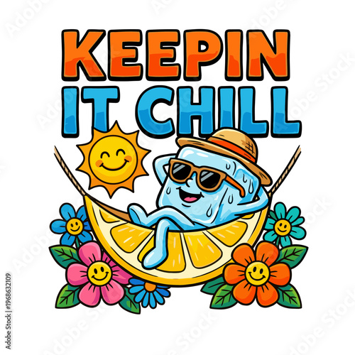 Anthropomorphic ice cube relaxing in a lemon slice hammock