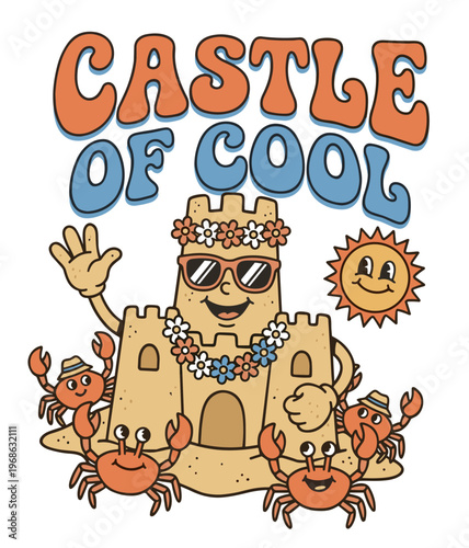 Cheerful sandcastle character with crabs and sun, "Castle of Cool" text