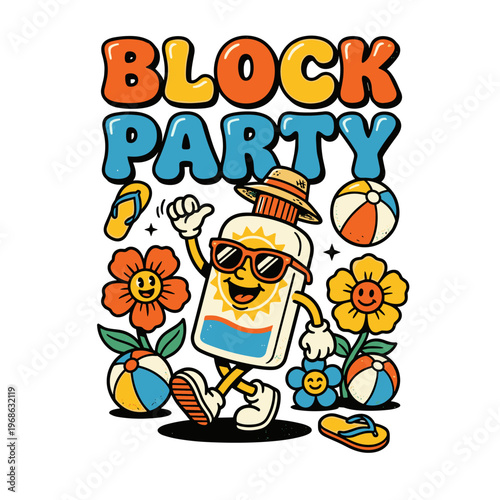 Happy sunblock bottle character dancing at summer block party