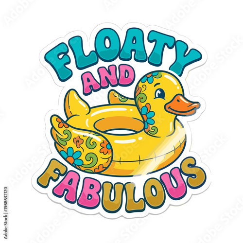 Yellow duck pool float with floral patterns and lettering