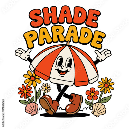 Retro anthropomorphic umbrella character with flowers and shells